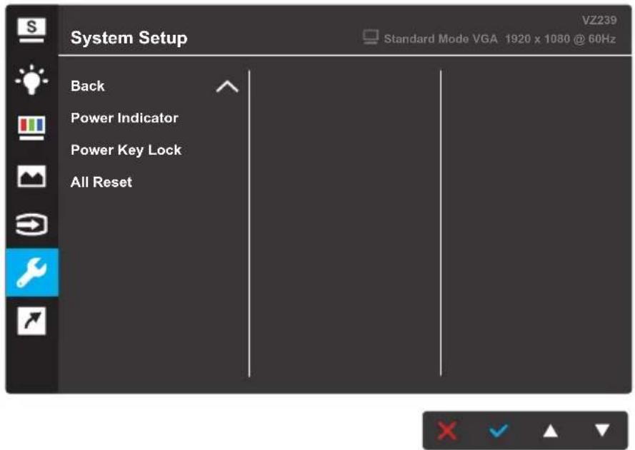 System Setup VZ239 Standard Mode VGA 1920 x 1080 @ 60Hz Back Power Indicator Power Key Lock All Reset