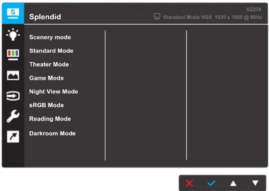 Splendid VZ239 Standard Mode VGA 1920 x 1080 @ 60Hz Scenery mode Standard Mode Theater Mode Game Mode Night View Mode sRGB Mode Reading Mode Darkroom Mode