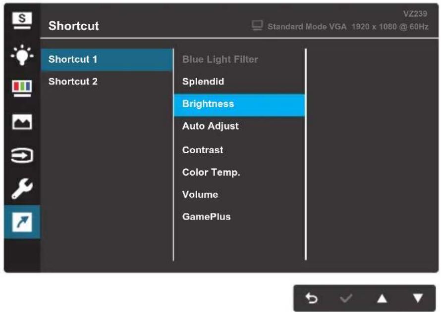 VZ239 Standard Mode VGA 1920 x 1080 @ 60Hz Shortcut Shortcut 1 Shortcut 2 Blue Light Filter Splendid Brightness Auto Adjust Contrast Color Temp. Volume GamePlus