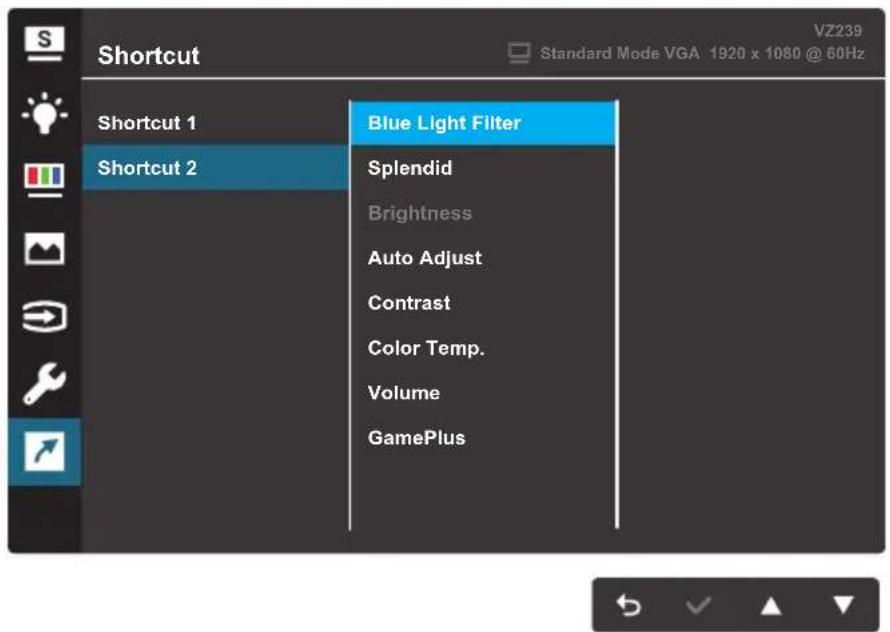 Shortcut VZ239 Standard Mode VGA 1920 x 1080 @ 60Hz Shortcut 1 Shortcut 2 Blue Light Filter Splendid Brightness Auto Adjust Contrast Color Temp. Volume GamePlus