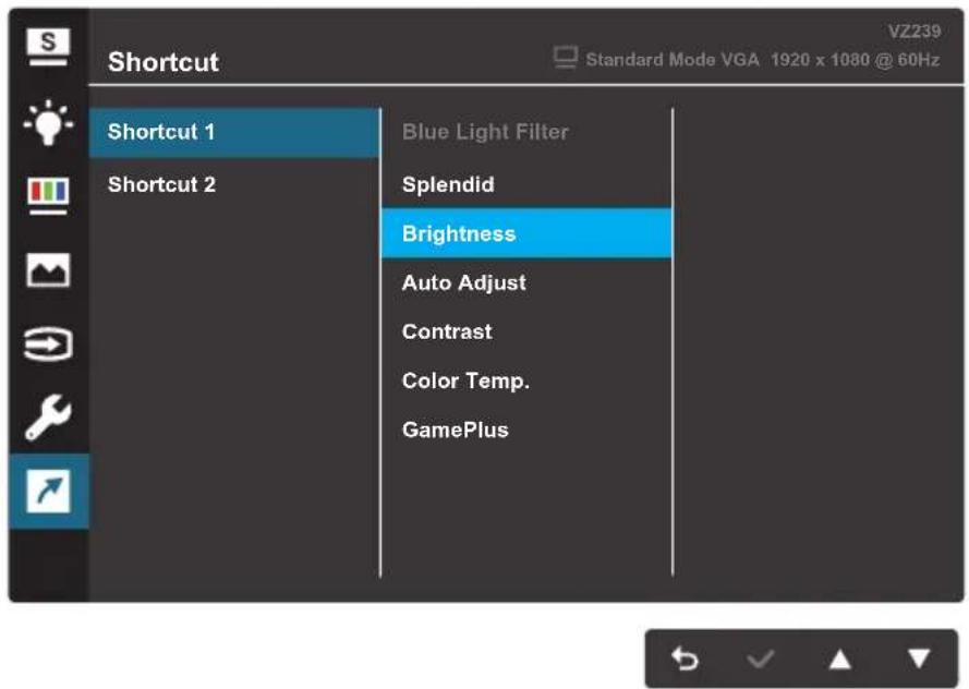 Shortcut VZ239 Standard Mode VGA 1920 x 1080 @ 60Hz Shortcut 1 Shortcut 2 Blue Light Filter Splendid Brightness Auto Adjust Contrast Color Temp. GamePlus