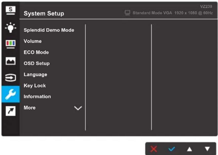 System Setup Splendid Demo Mode Volume ECO Mode OSD Setup Language Key Lock Information More VZ239 Standard Mode VGA 1920 x 1080 @ 60Hz