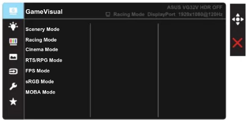 GameVisual ASUS VG32V HDR OFF Racing Mode DisplayPort 1920x1080@120Hz Scenery Mode Racing Mode Cinema Mode RTS/RPG Mode FPS Mode sRGB Mode MOBA Mode
