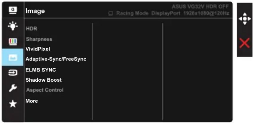 ASUS VG32V HDR OFF Racing Mode DisplayPort 1920x1080@120Hz Image HDR Sharpness VividPixel Adaptive-Sync/FreeSync ELMB SYNC Shadow Boost Aspect Control More