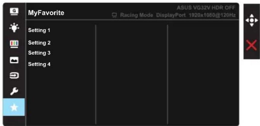 MyFavorite Setting 1 Setting 2 Setting 3 Setting 4 ASUS VG32V HDR OFF Racing Mode DisplayPort 1920x1060@120Hz