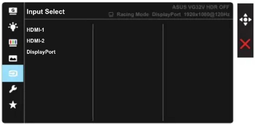 Input Select ASUS VG32V HDR OFF Racing Mode DisplayPort 1920x1080@120Hz HDMI-1 HDMI-2 DisplayPort