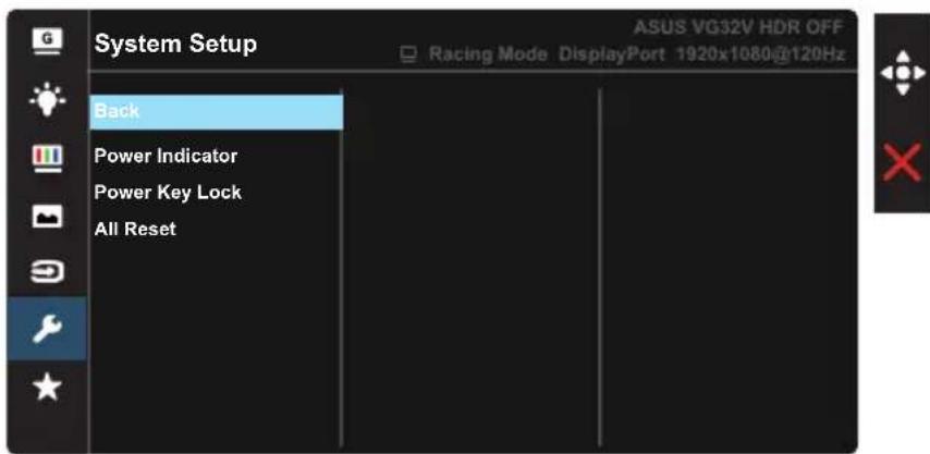 ASUS VG32V HDR OFF Racing Mode DisplayPort 1920x1080@120Hz System Setup Back Power Indicator Power Key Lock All Reset