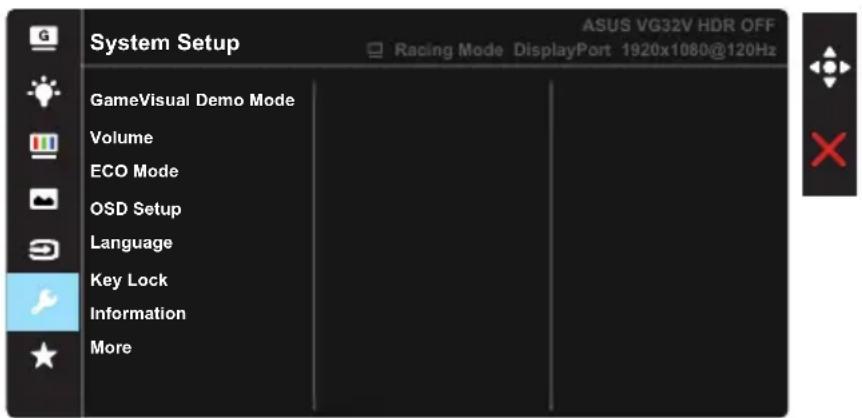 System Setup ASUS VG32V HDR OFF Racing Mode DisplayPort 1920x1080@120Hz GameVisual Demo Mode Volume ECO Mode OSD Setup Language Key Lock Information More
