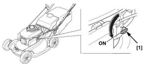 Technical diagram of a lawn mower with ON/OFF instructions and component labels