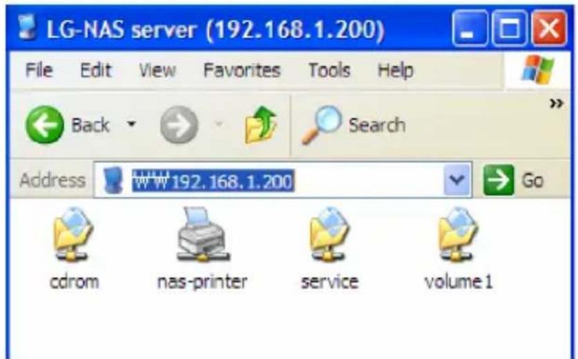 LG-NAS server (192.168.1.200) File Edit View Favorites Tools Help Back Search Address WWW 192.168.1.200 Go cdrom nas-printer service volume 1