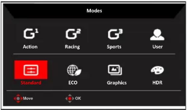 Modes G¹ G² G³ User Action Racing Sports Standard ECO Graphics HDR Move OK