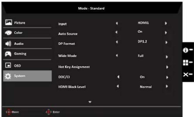 Mode - Standard Picture Color Audio Gaming OSD System Input Auto Source DP Format Wide Mode Hot Key Assignment DDC/CI HDMI Black Level HDMI1 On DP1.2 Full On Normal Move Enter