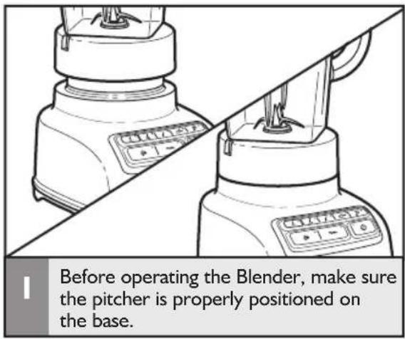 Before operating the Blender, make sure the pitcher is properly positioned on the base.