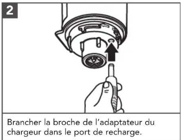 2 Brancher la broche de l'adaptateur du chargeur dans le port de recharge.