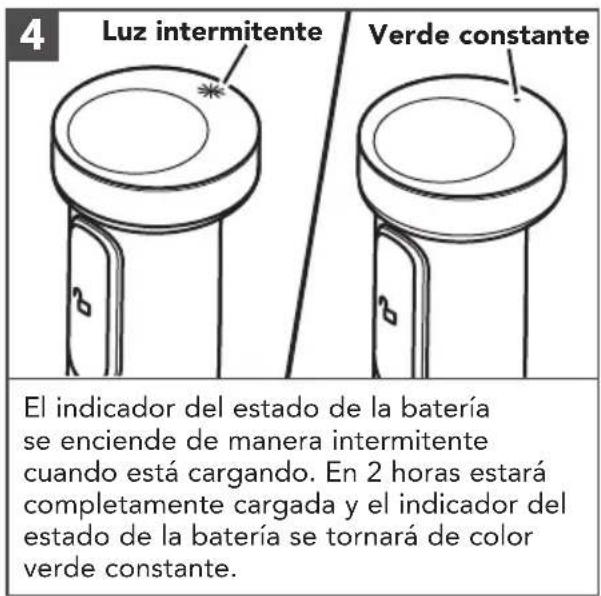 4 Luz intermitente Verde constante El indicador del estado de la batería se enciende de manera intermitente cuando está cargando. En 2 horas estará completamente cargada y el indicador del estado de la batería se tornará de color verde constante.