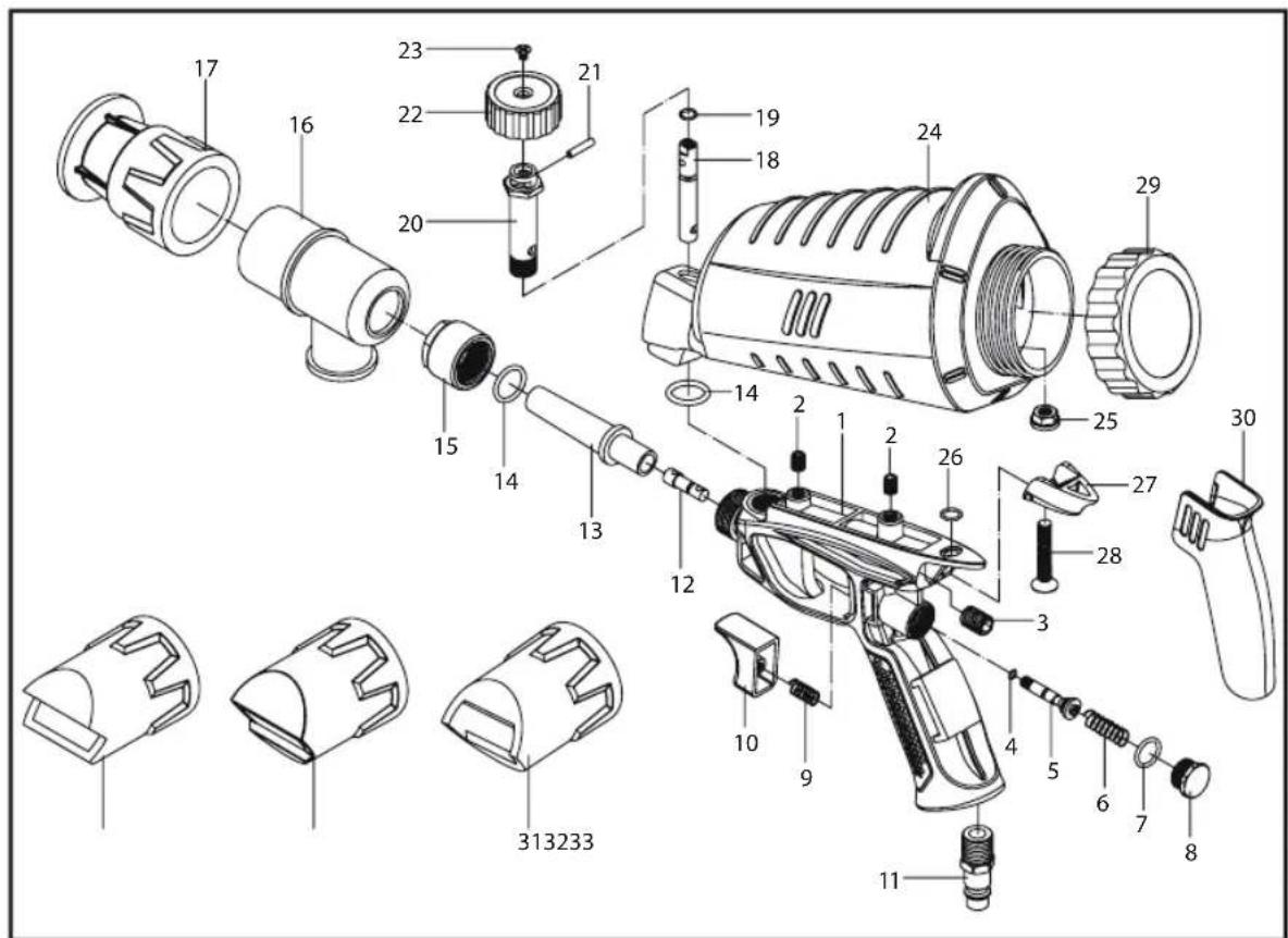 Exploded view diagram of a spray gun with numbered parts for identification