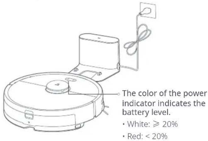The color of the power indicator indicates the battery level. • White: ≥ 20% • Red: < 20%