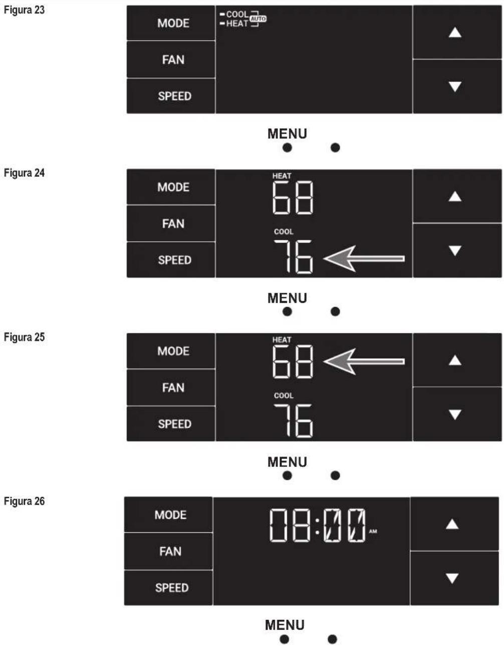 Figura 23 MODE FAN SPEED COOL AUTO HEAT MENU Figura 24 MODE FAN SPEED HEAT 68 COOL 76 MENU Figura 25 MODE FAN SPEED HEAT 68 COOL 76 MENU Figura 26 MODE FAN SPEED 08:00 AM MENU