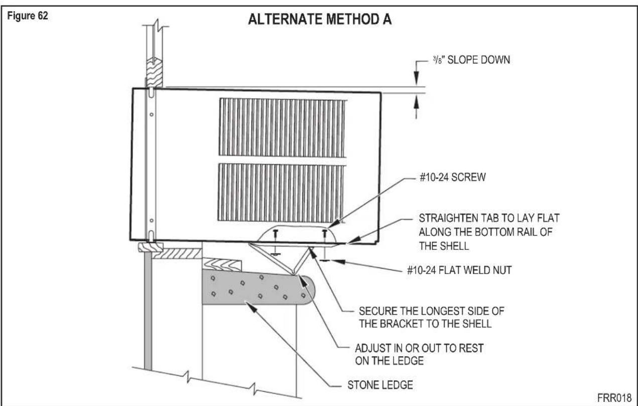 Figure 62 ALTERNATE METHOD A 3/8" SLOPE DOWN #10-24 SCREW STRAIGHTEN TAB TO LAY FLAT ALONG THE BOTTOM RAIL OF THE SHELL #10-24 FLAT WELD NUT SECURE THE LONGEST SIDE OF THE BRACKET TO THE SHELL ADJUST IN OR OUT TO REST ON THE LEDGE STONE LEDGE FRR018