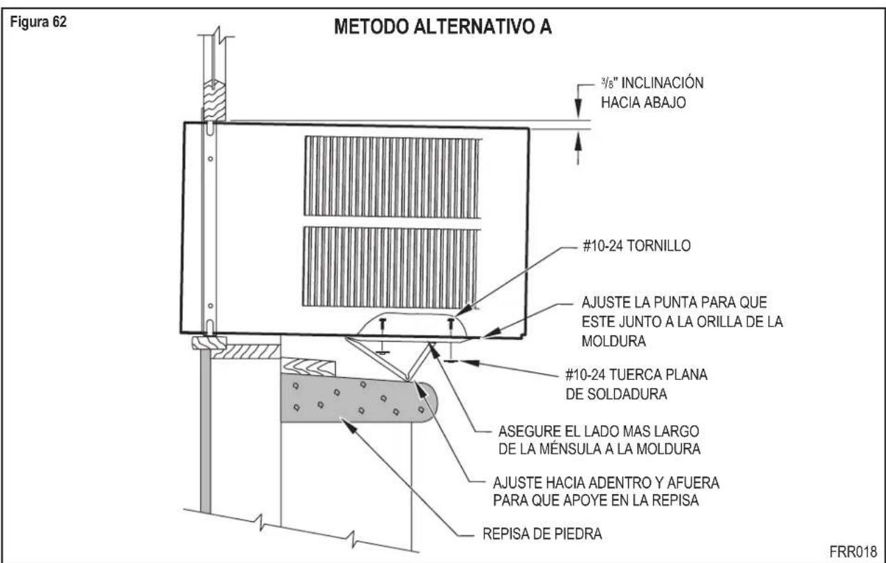 Figura 62 METODO ALTERNATIVO A 3/8" INCLINACIÓN HACIA ABAJO #10-24 TORNILLO AJUSTE LA PUNTA PARA QUE ESTE JUNTO A LA ORILLA DE LA MOLDURA #10-24 TUERCA PLANA DE SOLDADURA ASEGURE EL LADO MAS LARGO DE LA MÉNSULA A LA MOLDURA AJUSTE HACIA ADENTRO Y AFUERA PARA QUE APOYE EN LA REPISA REPISA DE PIEDRA FRR018