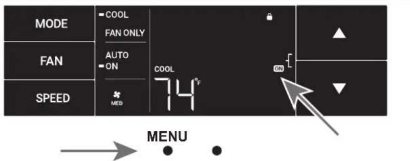 MODE COOL FAN ONLY AUTO ON SPEED MED COOL 74°F ON MENU