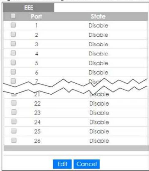 EEE Port State 1 Disable 2 Disable 3 Disable 4 Disable 5 Disable 6 Disable 7 Discl 21 Disable 22 Disable 23 Disable 24 Disable 25 Disable 26 Disable Edit Cancel