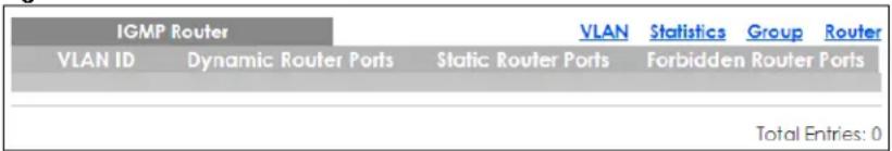 IGMP Router VLAN Statistics Group Router VLAN ID Dynamic Router Ports Static Router Ports Forbidden Router Ports Total Entries: 0