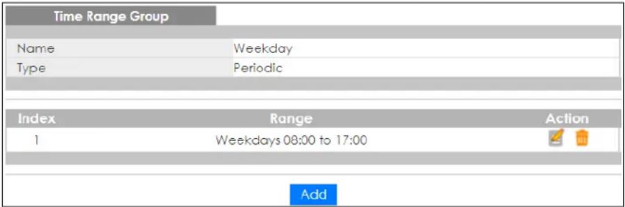 Time Range Group Name Weekday Type Periodic Index Range Action 1 Weekdays 08:00 to 17:00 Add
