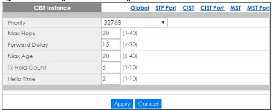 CIST Instance Global STP Port CIST CIST Port MST MST Port Priority 32768 Max Hops 20 (1-40) Forward Delay 15 (4-30) Max Age 20 (6-40) Tx Hold Count 6 (1-10) Hello Time 2 (1-10) Apply Cancel