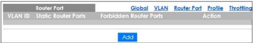 Router Port VLAN ID Static Router Ports Global VLAN Router Port Profile Throttling Forbidden Router Ports Action Add