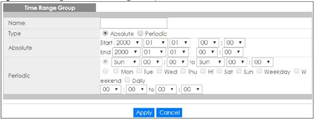 Time Range Group Name Type Absolute Start 2000 ▼ 01 ▼ 01 ▼ 00 ▼ : 00 ▼ End 2000 ▼ 01 ▼ 01 ▼ 00 ▼ : 00 ▼ Periodic Sun ▼ 00 ▼ : 00 ▼ to Sun ▼ 00 ▼ : 00 ▼ Mon Tue Wed Thu Fri Sat Sun Weekday W weekend Daily 00 ▼ : 00 ▼ to 00 ▼ : 00 ▼ Apply Cancel