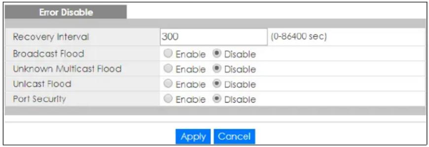 Error Disable Recovery Interval 300 (0-86400 sec) Broadcast Flood Enable Disable Unknown Multicast Flood Enable Disable Unicast Flood Enable Disable Port Security Enable Disable Apply Cancel