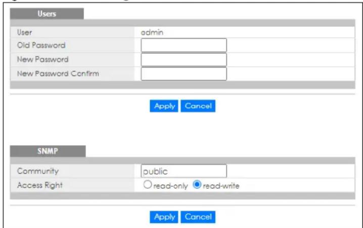 Users User admin Old Password New Password New Password Confirm Apply Cancel SNMP Community public Access Right read-only read-write Apply Cancel