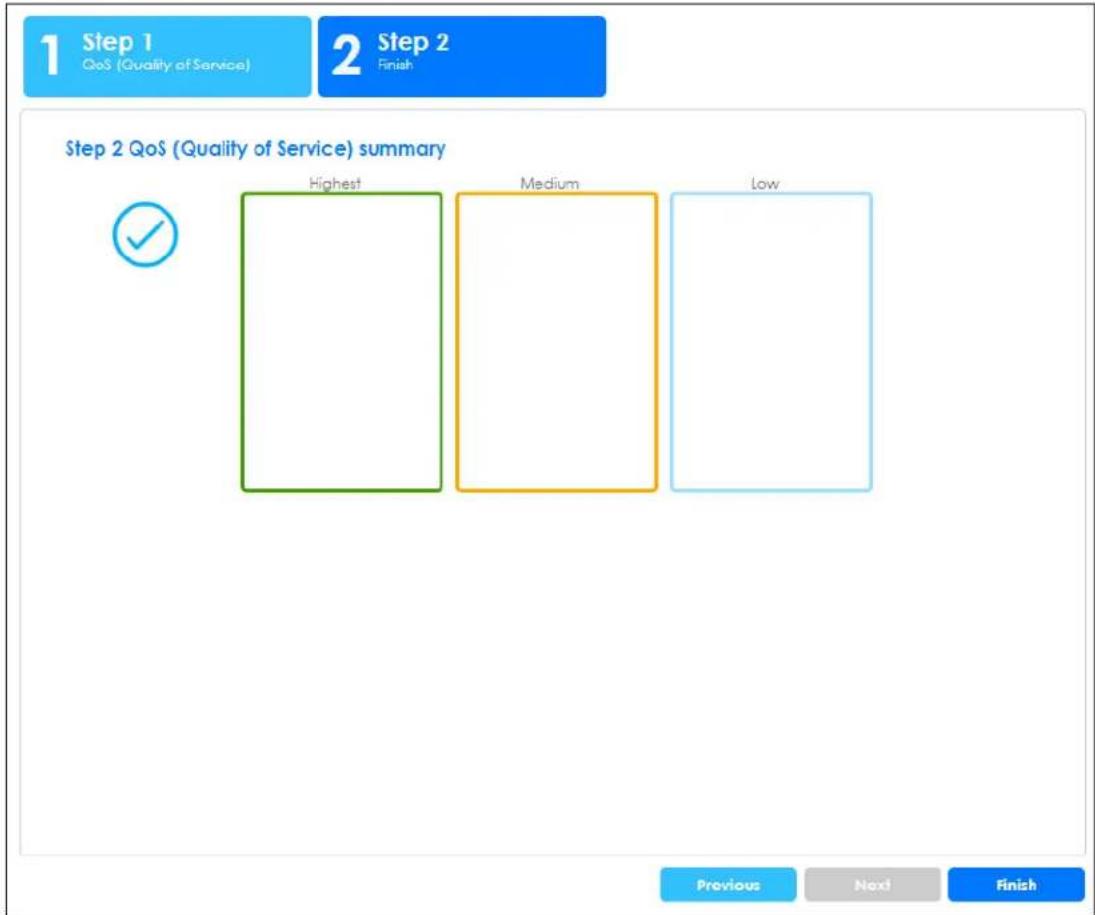 1 Step 1 QoS (Quality of Service) 2 Step 2 Finish Step 2 QoS (Quality of Service) summary ✓ Highest Medium Low Previous Next Finish