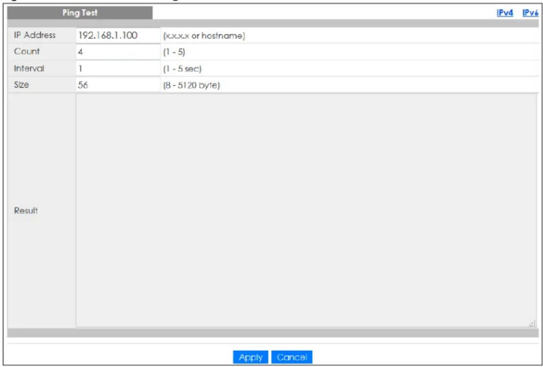 Ping Test IP Address 192.168.1.100 (x.x.x.x or hostname) Count 4 (1 - 5) Interval 1 (1 - 5 sec) Size 56 (8 - 5120 byte) Result Apply Cancel