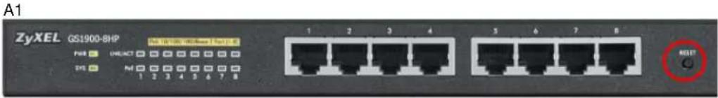 A1 ZyXEL GS1900-8HP PWR UNEACT 1 2 3 4 5 6 7 8 SCL Pd 1 2 3 4 5 6 7 8 1 2 3 4 5 6 7 8 5 6 7 8 RESET