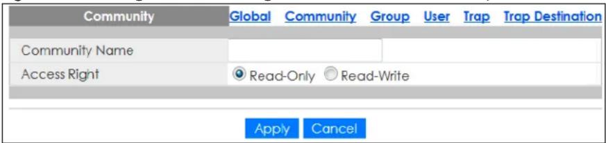 Community Global Community Group User Trap Trap Destination Community Name Access Right Read-Only Read-Write Apply Cancel