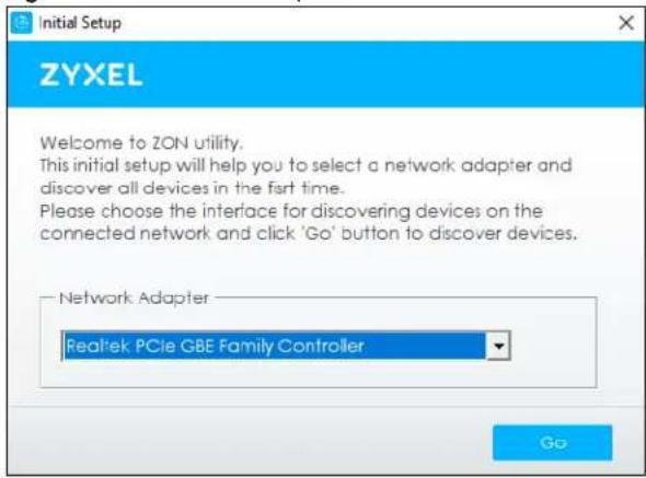 Initial Setup ZYXEL Welcome to ZON utility. This initial setup will help you to select a network adapter and discover all devices in the first time. Please choose the interface for discovering devices on the connected network and click 'Go' button to discover devices. Network Adapter Realtek PCIe GBE Family Controller Go