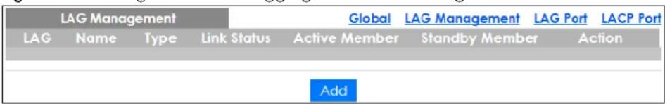 LAG Management Global LAG Management LAG Port LACP Port LAG Name Type Link Status Active Member Standby Member Action Add