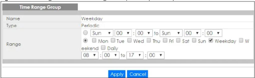Time Range Group Name Weekday Type Periodic Sun ▼ 00 ▼ : 00 ▼ to Sun ▼ 00 ▼ : 00 ▼ Mon Tue Wed Thu Fri Sat Sun √ Weekday □ W Range weekend □ Daily 08 ▼ : 00 ▼ to 17 ▼ : 00 ▼ Apply Cancel