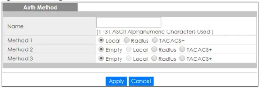 Auth Method Name (1 -31 ASCII Alphanumeric Characters Used ) Method 1 ● Local ○ Radius ○ TACACS+ Method 2 ● Empty ○ Local ○ Radius ○ TACACS+ Method 3 ● Empty ○ Local ○ Radius ○ TACACS+ Apply Cancel