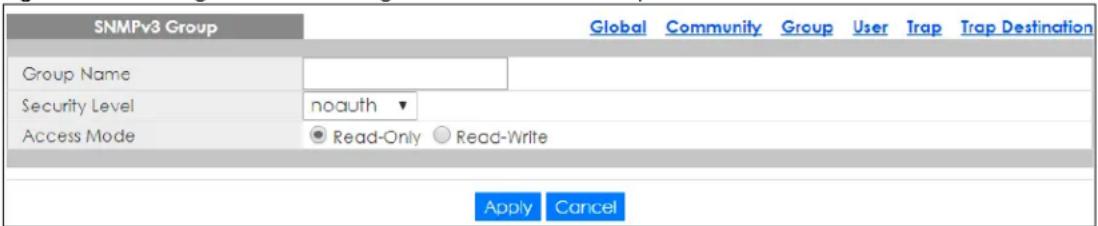 SNMPv3 Group Group Name Security Level Access Mode Global Community Group User Trap Trap Destination noauth Read-Only Read-Write Apply Cancel