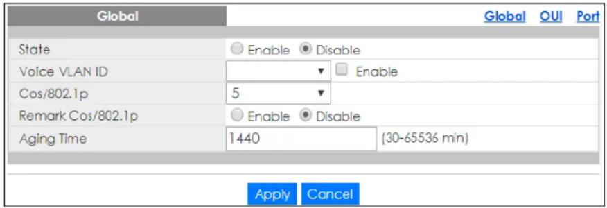 Global State Enable Disable Voice VLAN ID Enable Cos/802.1p 5 Remark Cos/802.1p Enable Disable Aging Time 1440 (30-65536 min) Apply Cancel Global OUI Port