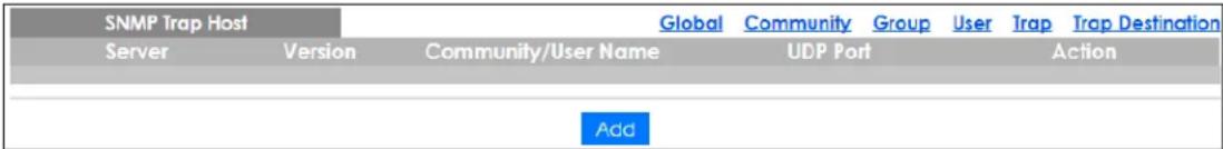 SNMP Trap Host Server Version Community/User Name Global Community Group User Trap Trap Destination UDP Port Action Add