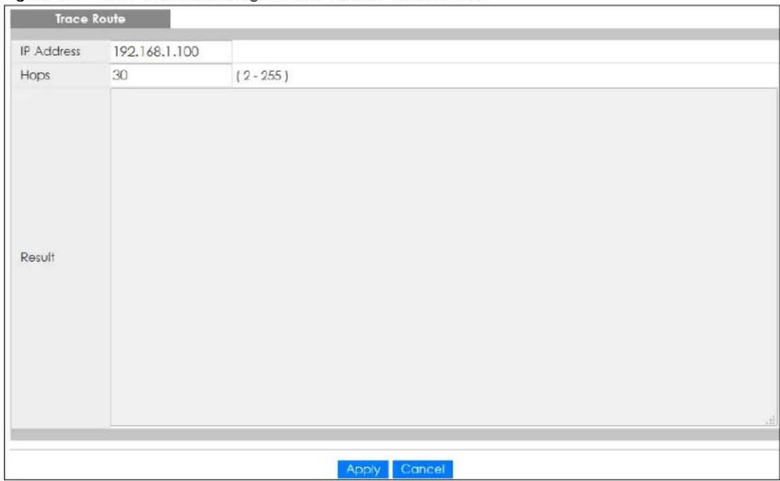 Trace Route IP Address 192.168.1.100 Hops 30 (2 - 255) Result Apply Cancel
