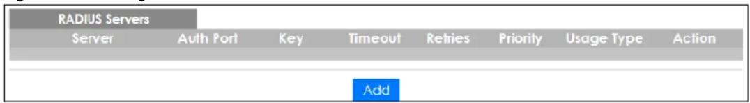 RADIUS Servers Server Auth Port Key Timeout Retries Priority Usage Type Action Add