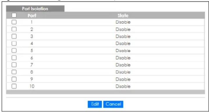 Port Isolation Port State 1 Disable 2 Disable 3 Disable 4 Disable 5 Disable 6 Disable 7 Disable 8 Disable 9 Disable 10 Disable Edit Cancel