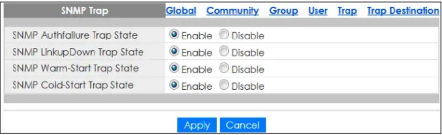 SNMP Trap Global Community Group User Trap Trap Destination SNMP Authfailure Trap State Enable Disable SNMP LinkupDown Trap State Enable Disable SNMP Warm-Start Trap State Enable Disable SNMP Cold-Start Trap State Enable Disable Apply Cancel