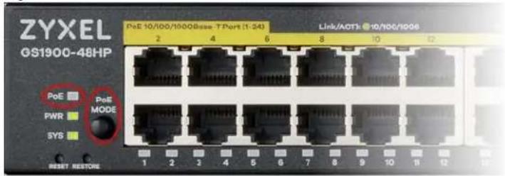 ZYXEL GS1900-48HP PoE 10/100/1900Base T-Port (1:34) Link/AOT#: 10/100/1900 PoE 2 4 6 8 10 12 PoE PWR SYS PoE MODE RESET RESTONE 1 2 3 4 5 6 7 8 9 10 11 12