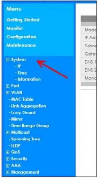 Menu Getting Started Monitor Configuration Maintenance System - IP - Time - Information Port VLAN - MAC Table - Link Aggregation - Loop Guard - Mirror - Time Range Group Multicast - Spanning Tree - LLDP QoS Security AAA Management